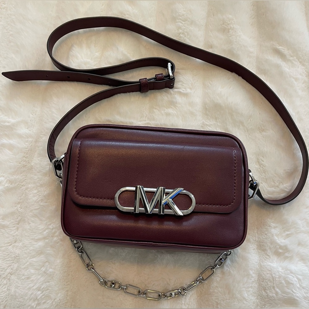 Michael Kors Leather Parker Chain Swag Camera Crossbody Merlot Red /Purple $398 - Picture 4 of 9